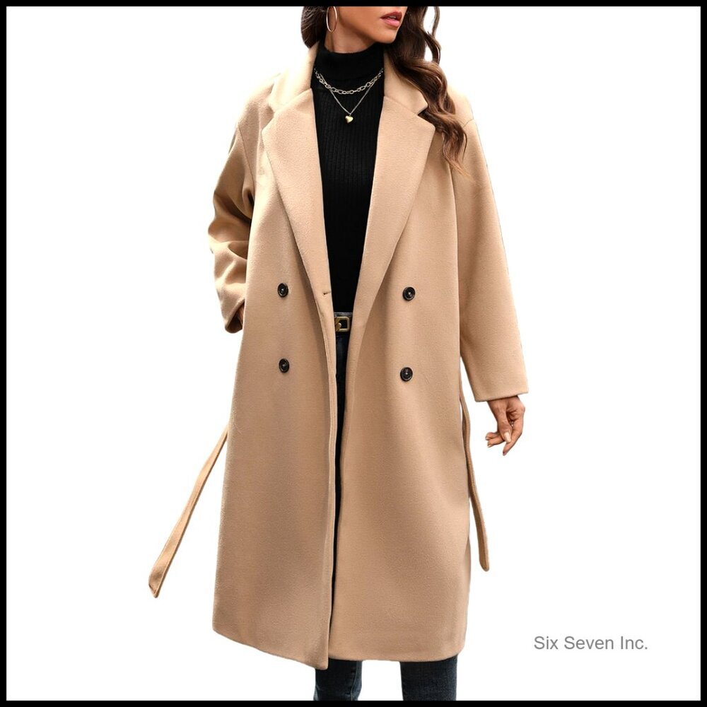 Winter Wool Blend Coat Double Breasted Notch Lapel Long Trench Overcoat